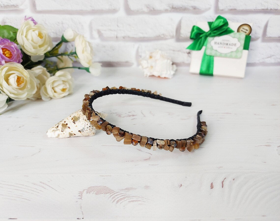 Brown gemstone headpiece, Jeweled headbands for women, Handmade bead crown, Crystal hair jewelry, Bohol wedding tiara, Halloween hair piece