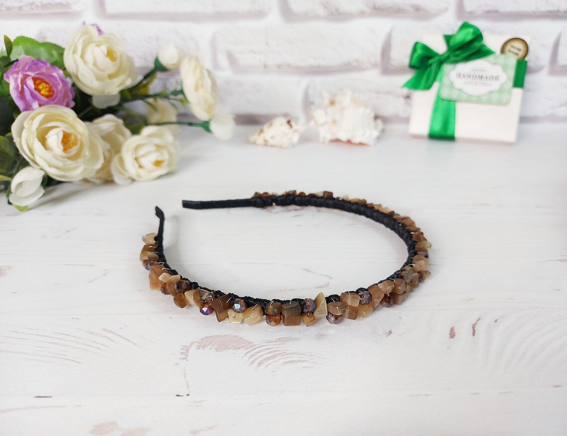 Brown gemstone headpiece, Jeweled headbands for women, Handmade bead crown, Crystal hair jewelry, Bohol wedding tiara, Halloween hair piece