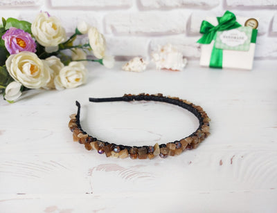 Brown gemstone headpiece, Jeweled headbands for women, Handmade bead crown, Crystal hair jewelry, Bohol wedding tiara, Halloween hair piece