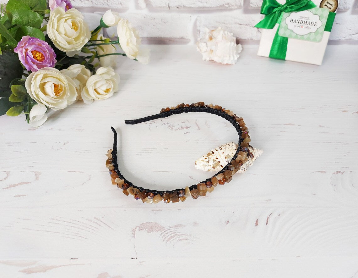 Brown gemstone headpiece, Jeweled headbands for women, Handmade bead crown, Crystal hair jewelry, Bohol wedding tiara, Halloween hair piece