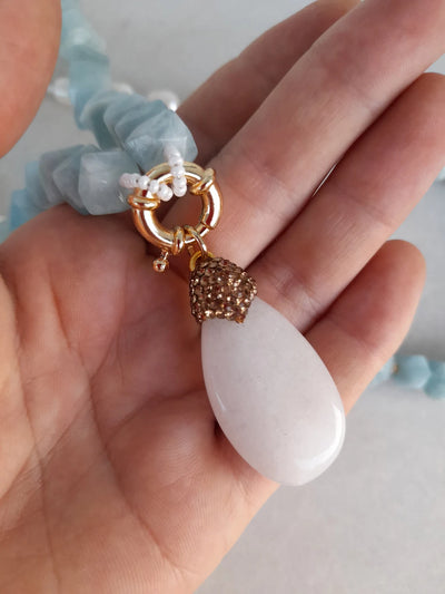 Aquamarine necklace Birdhstone handmade jewelry Pearl pendant necklace Chunky statement beaded unusual necklace Big bead necklace women gift
