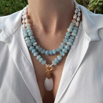 Aquamarine necklace Birdhstone handmade jewelry Pearl pendant necklace Chunky statement beaded unusual necklace Big bead necklace women gift