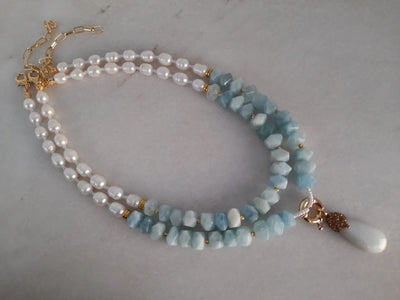 Aquamarine necklace Birdhstone handmade jewelry Pearl pendant necklace Chunky statement beaded unusual necklace Big bead necklace women gift