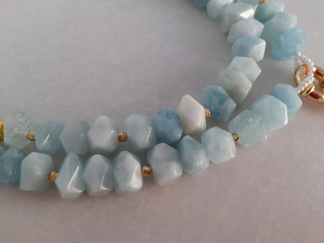 Aquamarine necklace Birdhstone handmade jewelry Pearl pendant necklace Chunky statement beaded unusual necklace Big bead necklace women gift