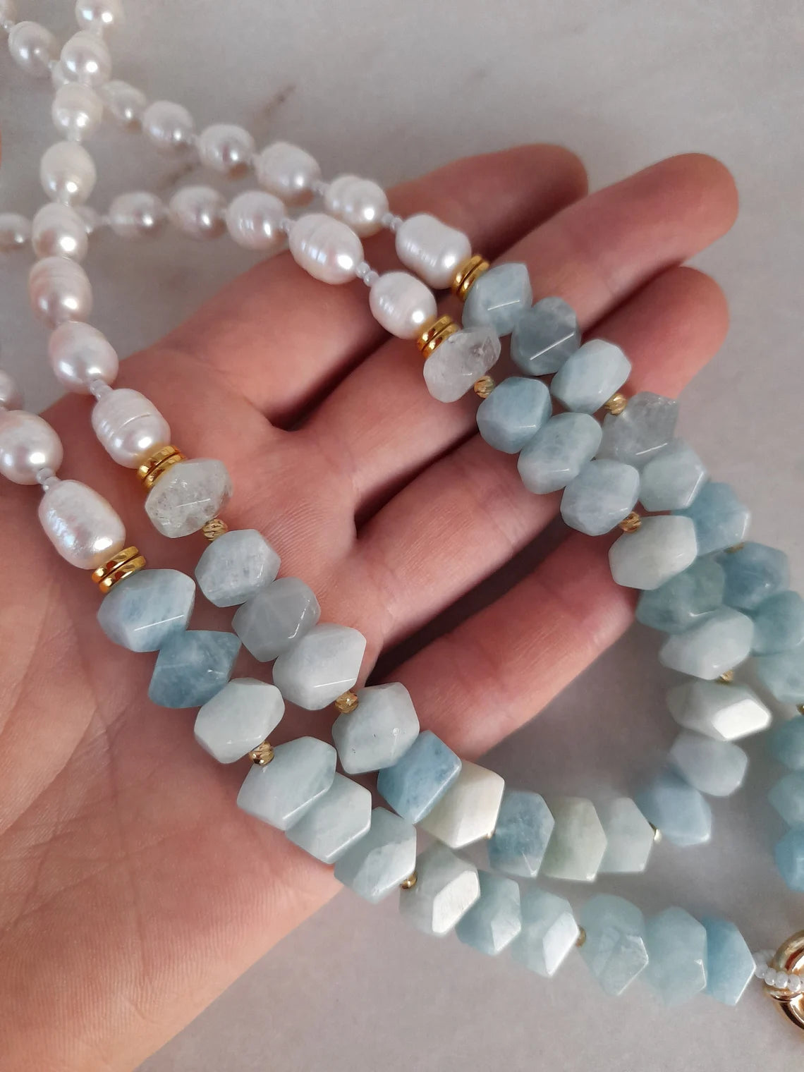Aquamarine necklace Birdhstone handmade jewelry Pearl pendant necklace Chunky statement beaded unusual necklace Big bead necklace women gift