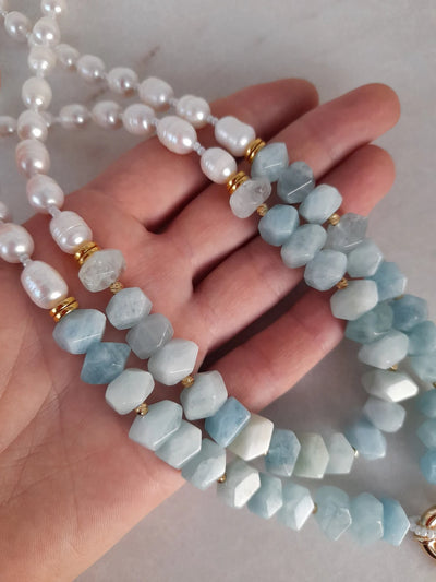 Aquamarine necklace Birdhstone handmade jewelry Pearl pendant necklace Chunky statement beaded unusual necklace Big bead necklace women gift
